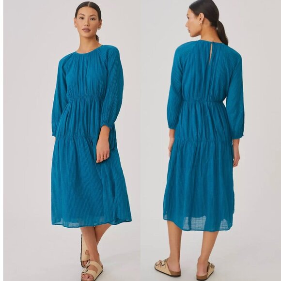Anthropologie Sundry Blue Gingham Tiered Midi Dress - Picture 1 of 10